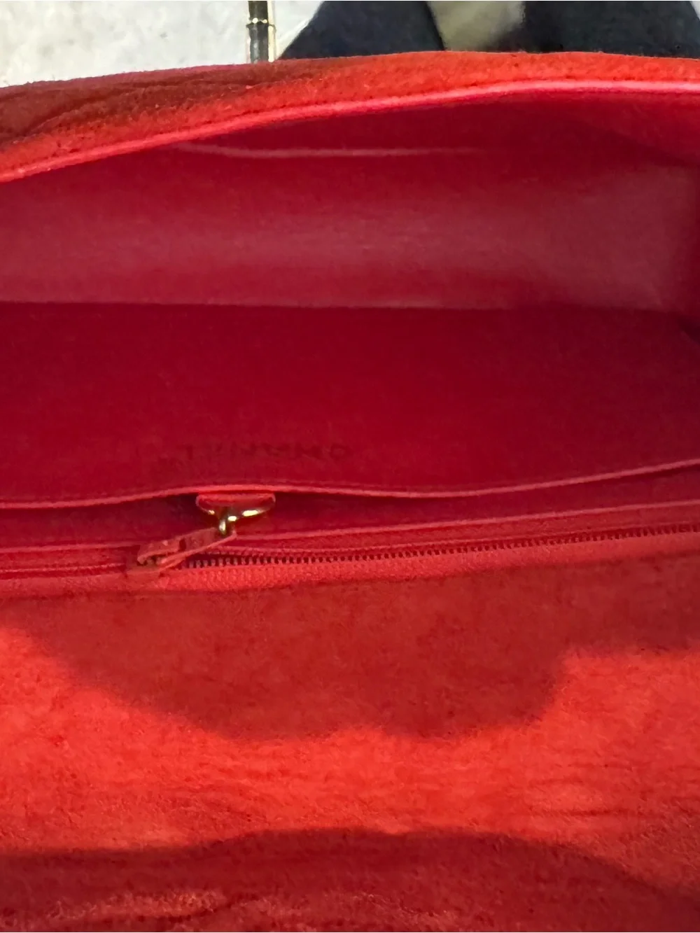 CHANEL Red Quilted Suede Shoulder Bag with Gold Chain